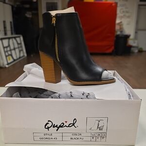 Qupid Black Peep-Toe Block Heel Ankle Boot with Gold Zipper